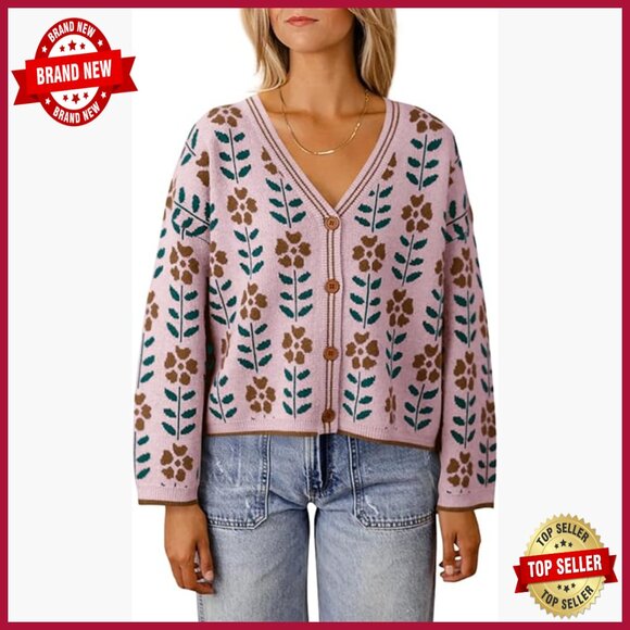 Sweaters - Floral Print V-Neck Cardigan Long Sleeve Loose Fit Button Front Sweater